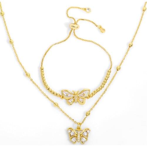 FLOLA Gold Beads Chain Butterfly Necklace Crystal White Stone Pendant Necklace Cubic Zirconia 2021 Fashion Jewelry Gifts nket64