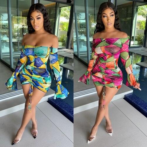 Echoine Sexy Off Shoudler Slash Print Mini Dress Skinny Bodycon Women Flare Sleeve Elegant Party Club Vintage Vestidos Summer