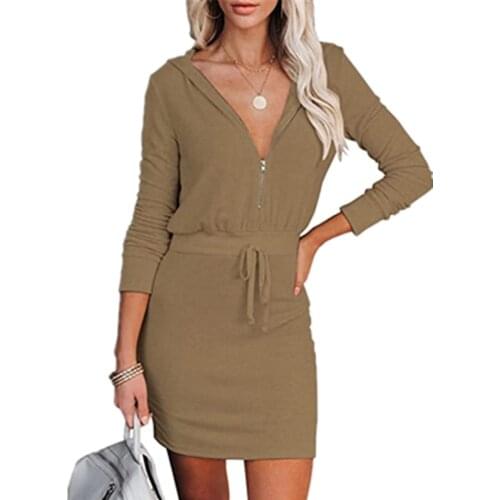 Casual Hoodied Tunic Dress Women Solid Color Slim Zipper Bodycon Dress Long Sleeve V-Neck Mini Dresses For Women