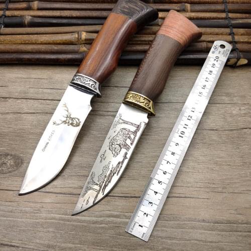 Dropship 440C Stainless Steel Fixed Blade Wenge Handle EDC Sharpen Hunting Knife Outdoor Survival Knife Antler Boar Pattern