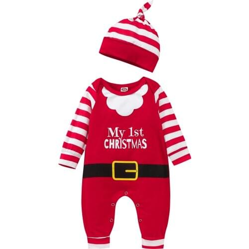 Newborn Baby Girls Boys Christmas Clothes Set My First Christmas Outfits, Long Sleeves Jumpsuit Santa Claus Costume with Hat Set