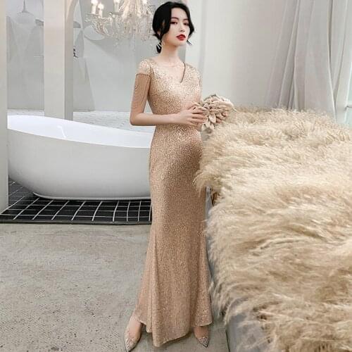 Sexy Gold Sequin Mermaid Formal Party Dress Short Sleeves Evening Dress Elegant V Neck Floor Length Prom Gowns Vestido de noche