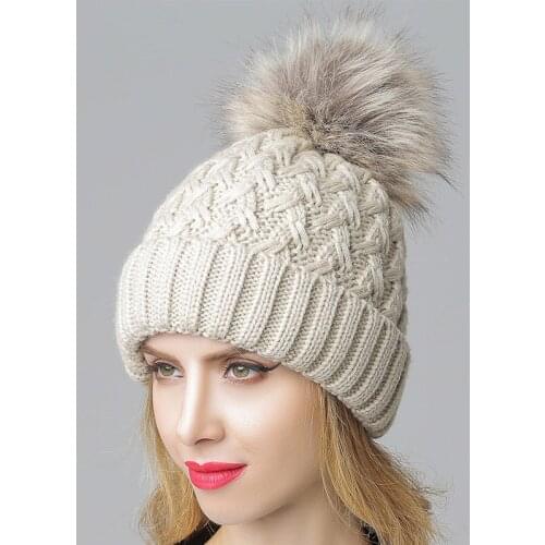 Hat Female Autumn And Winter Warm Knitted Hat Super Large Wool Ball And Plush Wool Hat Solid Solor Twist Ear Protection Cap