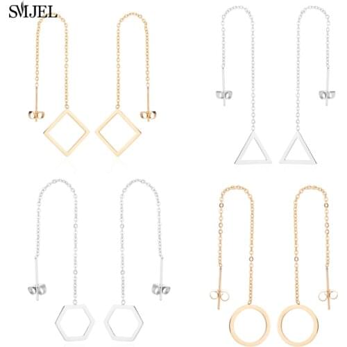 SMJEL Minimalist Jewelry Stianless Steel Geometric Earrings for Women Circle Triangle Long Threader Earrings Penidents Gifts
