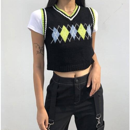 Sweetown Argyle Knit Tank Top Female Streetwear Preppy Style Y2K Clothing Vneck Cropped Shirt 90s Sweatshirt