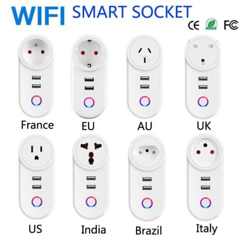 Smart WiFi Power Outlet Socket 2 USB Charging Port Remote Control App Timer Function Compatible Amazon Alexa Google Home
