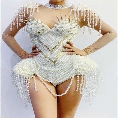 V30 Catwalk stage show wears full pearl white bodysuit heavy rivet jumpsuit female mesh rhinestone leotard stretch siamese disco
