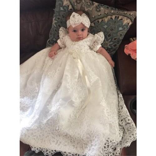 Vintage Cute Kids Lace Christening Dress For Baby Half Sleeve Baptism Gown First Communion Dresses with Headflower