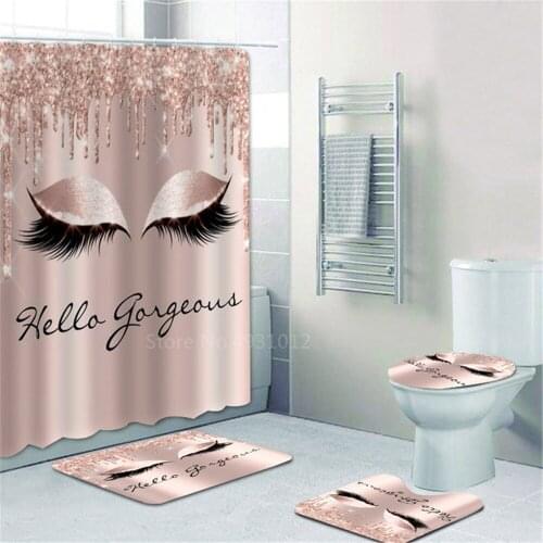 Girly Rose Gold Eyelash Makeup Shower Curtain Bath Curtain Set Spark Rose Drip Bathroom Curtain Eye Lash Beauty Salon Home Decor