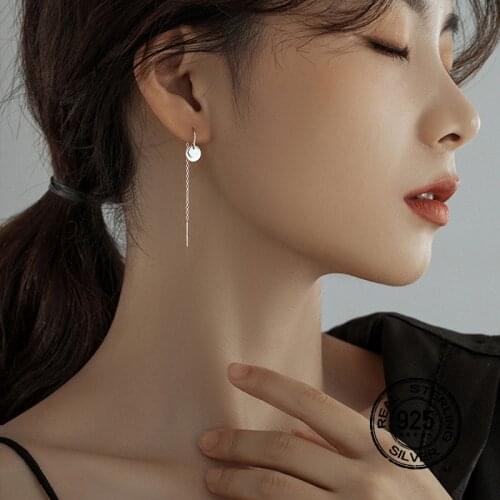 925 Sterling Silver Needle Earrings For Women Tassel Pendant Line Chain Disc Fashion Simple Anti-Allergic Design Jewelry INEFFA