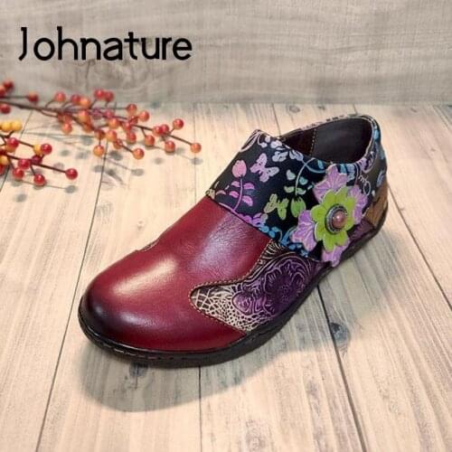 Johnature Autumn Flats Women Shoes 2020 New Genuine Leather Mixed Colors Zip Round Toe Casual Shallow Embossing Ladies Shoes