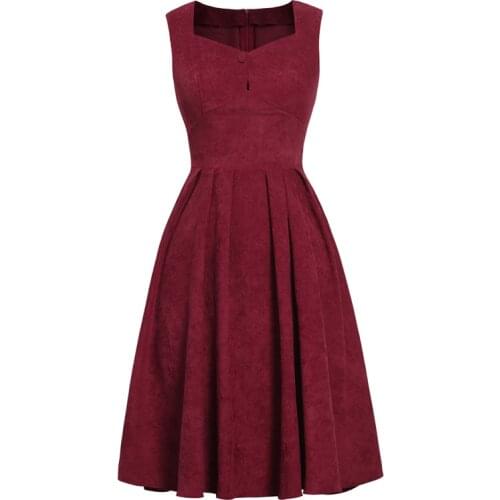 Elegant Ladies Chic Party Dress Sleeveless A-line Autumn Winter Women Rockabilly Vintage 50s Wine Red Knee-Length Pleated Dress
