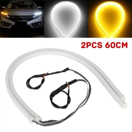 2pcs 12V 60cm White LED Soft Day-time Running Light Yellow Flowing Water LED Turn Signal Light Strip Trunk Eyebrow Door Lamp