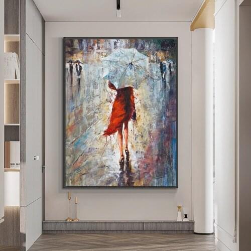 Abstract Girl Walking In the Rain With Umbrella 100% Hand Painted Oil Painting On Canvas Modern Textural Wall Art For Home Decor