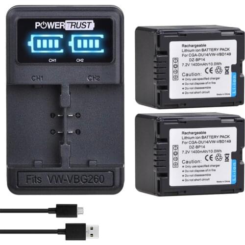 PowerTrust 7.2V 1400mAh CGA-DU14 CGA DU14 Battery and Charger for Panasonic DU14 DU07 NV-GS10 VDR-M70/M50 CGA-DU12 VW-VBD140