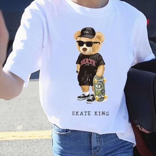 BLINGPAW Graphic T Shirts Teddy Bear Skate King Letter Print T-shirt 100% Pure Cotton Unisex Tees Summer Tee Shirts 19 Colors