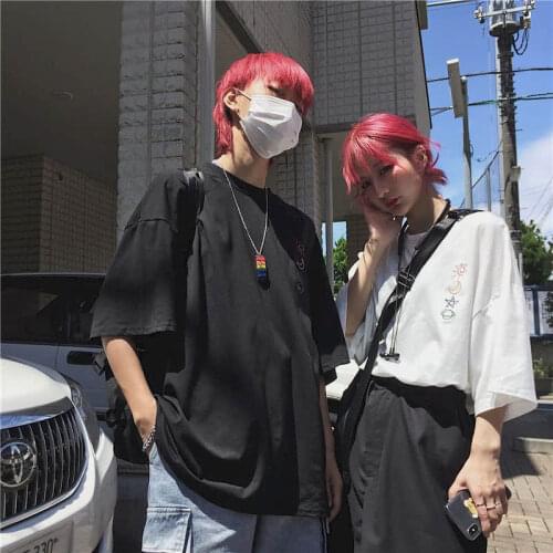 Korean Retro Short Sleeve Oversized Tshirt Women T Shirt Couple Students All-match Simple Color Printing T-shirt Harajuku Tops