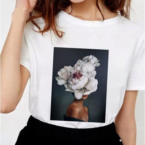 Aesthetic Woman Flowers Print Women T-shirt Fashion T Shirt Round Neck Lady Tshirt Short Sleeve Tshirt Summer Tee Shirt Female