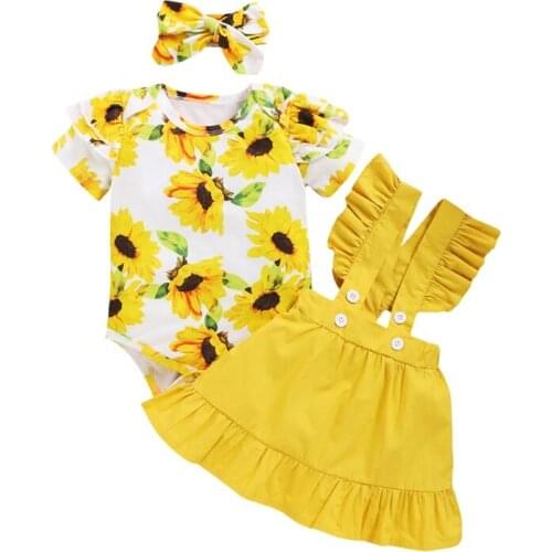Newborn Baby Girl Clothes Set Summer Sunflower Short Sleeve Romper Skirts Headband 3Pcs Outfit Newborn Infant Clothing
