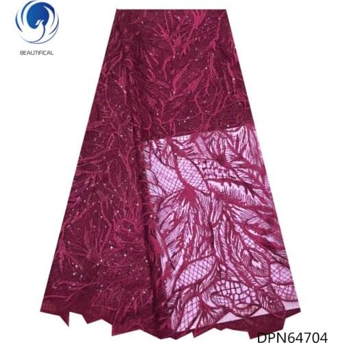 BEAUTIFICAL African net lace fabrics 2018 red and white tulle lace fabrics with sequins women Dresses Material 5yards/lot DPN647