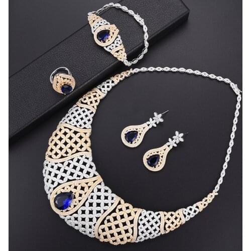 LARRAURI 4pcs African Dubai Blue Crystal Cubic Zirconia CZ Nigerian Jewelry Sets For Women Wedding Bridal Jewelry Sets 2019