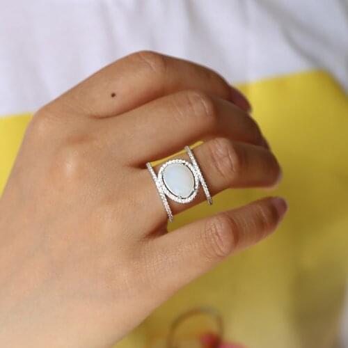 Fashion Vintage Bohemia artificial Women Opal Ring Rose Gold Color Oval Crystal Exaggerated double row Ring Jewelry midi kunckle