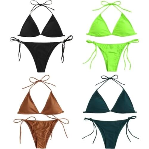 2021 New Women Sexy 2pcs Brazilian Bikini Set Halter Triangle Micro Swimsuit Solid Color Side Tie High Cut Push Up Bathing Suit