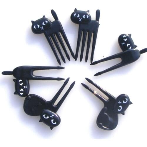 New 6Pcs Mini Animal Fork Fruit Picks Cute Cartoon Cat Children Fork Bento Lunch Box Decor Accessories Black Color