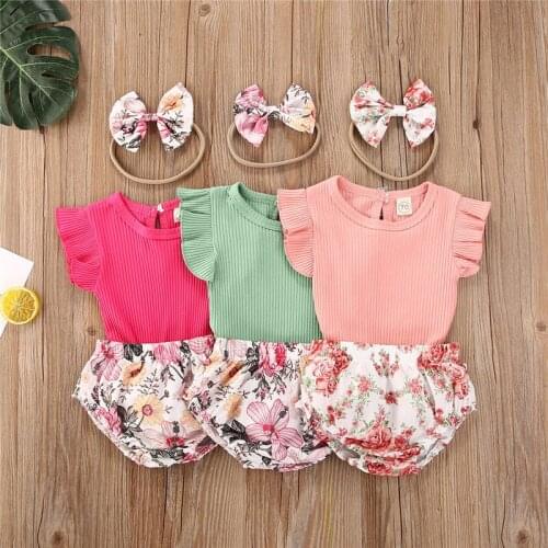 0-24M Infant Baby Girl Clothes Ruffle Short Sleeve Solid T-shirt+Floral Shorts+Headband Cute Baby Girl Clothing Set 3 Colors