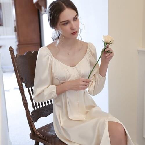 Autumn Satin Night Dress Women Long Sleeve Vintage Victorian Romantic Nightgowns Peignoir Shirts Ice Silk Nightdress Sleep Wear