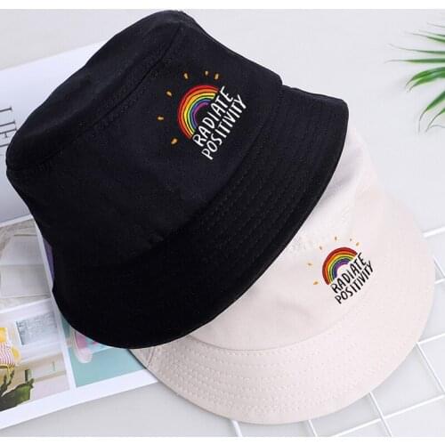 Radiate Positivity Rainbow Anime Fisherman Hats Unisex Foldable Beach Cap Hip Hop Outdoor Bucket Hat Sunscreen Sport Panama Caps