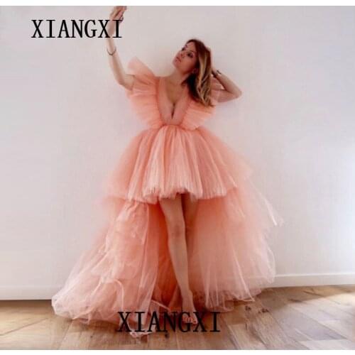 2020 jolie pêche haute basse Tulle robes de soirée volants mode longue Tutu robes de bal Sexy profonde col en v robes de soirée