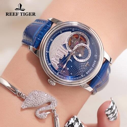 Reef Tiger/RT 2021 New Fashion Mechanical Watch For Women Men Blue Tourbillon Automatic Watch Leather Unisex Watches