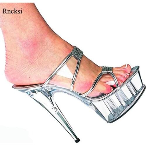 Rncksi Sexy high heels 15cm wedding shoes, 5cm waterproof platform crystal transparent womens Slippers