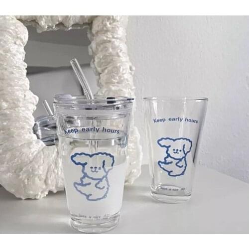 Glass Juice Milk Water Cup Birthday Cute décorations Puppy Girl Simple High-Value Straw Straw With Lid Heat-Resistant Creative