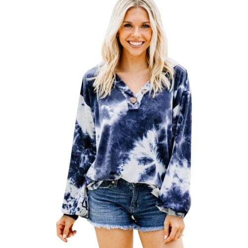 Tie Dye Button Vintage V Neck Long Sleeve Sweatshirt Women Casual Loose Streetwear Plus Size Elegant Spring Autumn Sweatwear