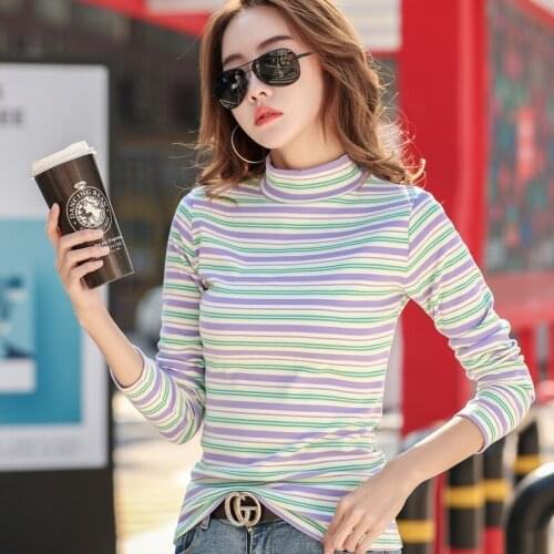 Womens T-shirt Cotton Long Sleeve T-shirt Top Female 2019 Autumn Winter Slim Striped T Shirt Top Blusa