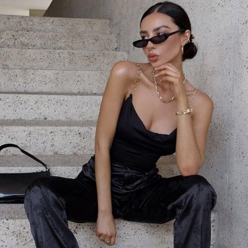 Women Summer Bodysuit, Solid Color Chain Strap Low-Cut Backless Slim Playsuit with Crotch Button for Girls, Black