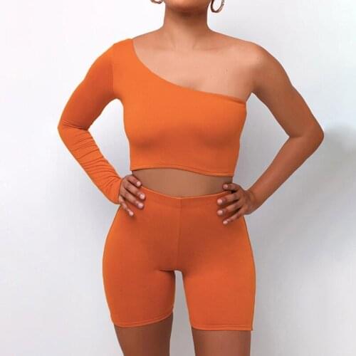 Women Sexy 2Pcs Outfit Set One Shoulder Long Sleeve Crop Top High Waist Bodycon Biker Shorts Solid Color Sport Tracksuit