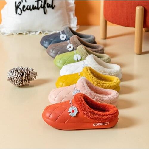 Couples Winter Waterproof Home Slippers Womens Household Casual Slides Mens Fashion Flower Warm Suede Plush Soft EVA Slippers