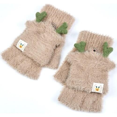 Winter Warm Soft Rabbit Fur Knit Mittens Women Flip Half finger Plush Thick Cute Cartoon Cat Claw Touch screen Driving Glove I37