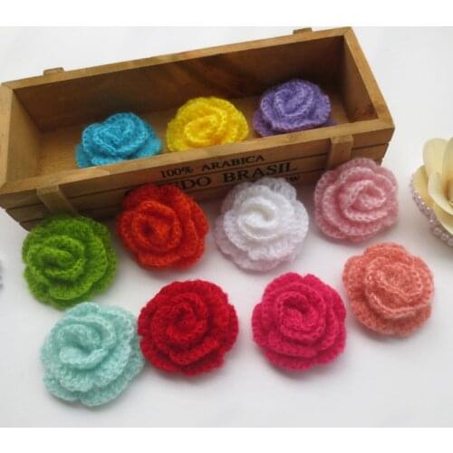 30PCS/lot 6cm Rose Handmade diy yarn flower Crochet Knitted applique Patchwork needlework sewing accessories Cloth paste 180
