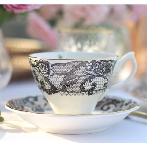 English Afternoon Tea Bone China Coffee Cup Saucer Black Lace Pattern Ceramic Dessert Dinner Plate Dish Coffeeware Set