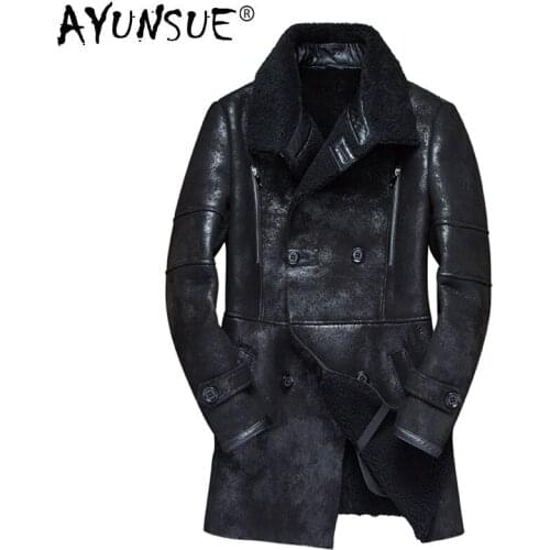 AYUNSUE Real Genuine Leather Jacket Men Winter Vintage Sheepskin Coat Shearling Jacket Natural Wool Fur Coats 7121-1 KJ3288