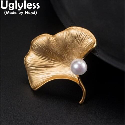 Uglyless Luxury Big Size Ginkgo Leaf Brooches for Men Elegant Business Dress Jewelry Women Natural Pearls Brooch 925 Silver Pins