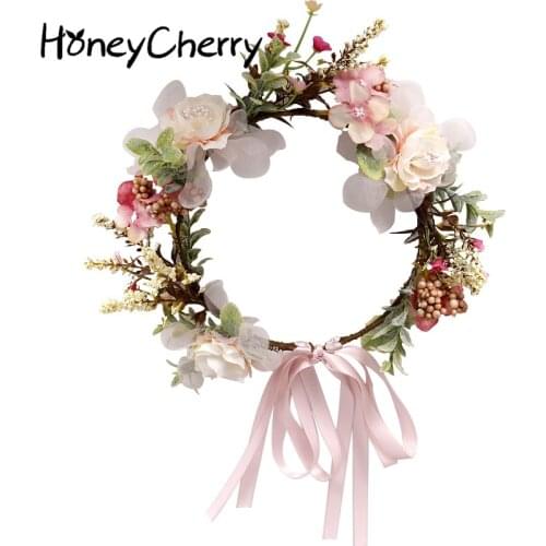 Childrens headdress wreath headband pink ribbon bow headband flower hair accessories