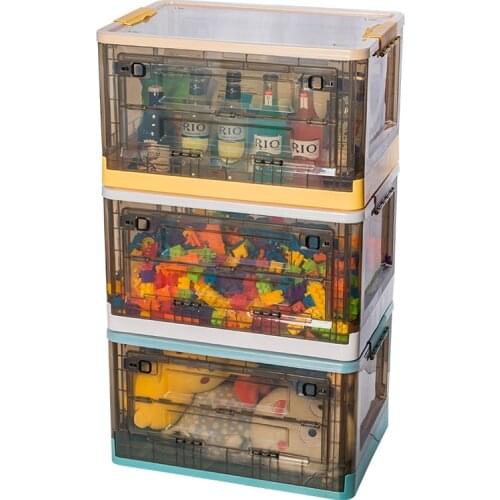Childrens Toy Storage Box Basket Plastic Transparent Front Snack Storage Box Foldable Side Open Clothes Locker