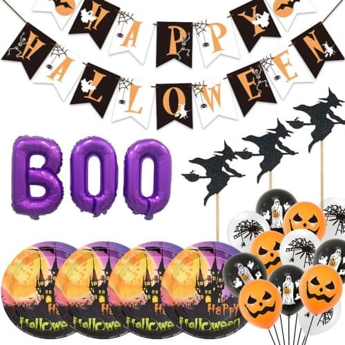 Halloween Party DIY Decorations Happy Halloween Letter Foil Balloons Pumpkin Napkins Witch for Halloween Party Halloween Straws