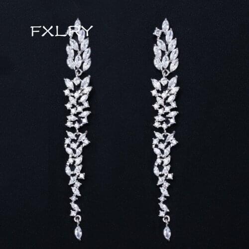 FXLRY New arrival Long Leaf Bridal Earring Full Mircon Prave Cubic Zircon Sparking Fringe Wedding Fashion Jewelry