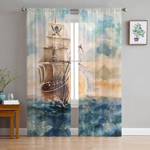 Oil Painting Style Pirate Boat Sheer Curtains for Living Room Bedroom Kitchen Tulle for Windows Voile Yarn Curtains for Bedroom
